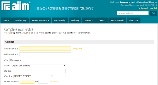 Registration screen presented to me, a Professional Member