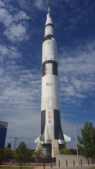 One of the two Saturn V rockets in Huntsville, this one outside showing off it's massive height. Notice the "short" trees